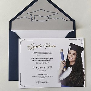 Convite de Formatura Formandos c/ Brasão no Envelope Forrado Azul Escuro