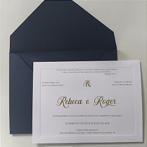Convite Casamento Envelope Azul Escuro com Borda em Relevo Metalizado Dourado