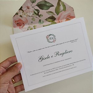 Convite Casamento Forrado Branco Perolado Floral Rosê