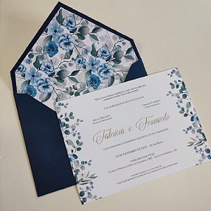 Convite Casamento Azul Escuro forrado Floral