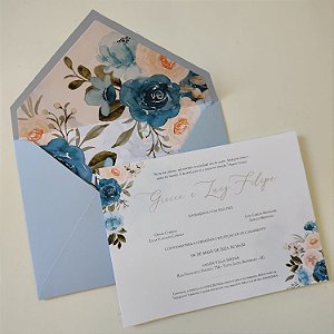 Convite Casamento C/ Envelope FORRADO Azul Serenity com laranja