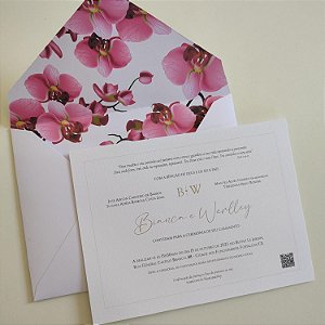 Convite Casamento Branco Fosco Forrado Orquídea Fúcsia