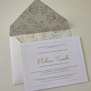 Convite Casamento Envelope Branco Fosco Forrado c/ metalizado Dourado