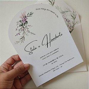 Convite Casamento Forrado Branco Arredondado Floral Lilás