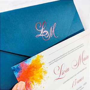 Convite Casamento Envelope Azul Escuro Forrado C/ Iniciais 15 Anos / Debutante