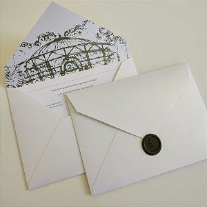 Convite Casamento Envelope Perolado Forrado Verde Escuro com lacre de cera