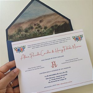 Convite Casamento Envelope Azul Escuro Forrado Aquarela
