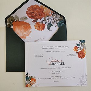 Convite Casamento Envelope Forrado Verde Escuro Floral Terracota