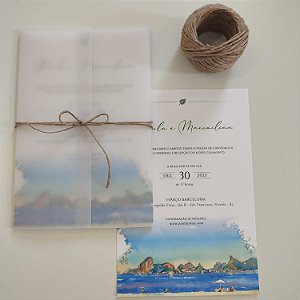 Convite Casamento Envolto Vegetal Aquarela Vertical com Sisal