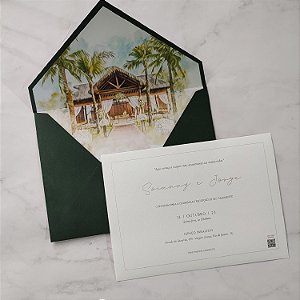 Convite Casamento Envelope Verde Escuro Forrado Aquarela