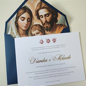 Convite Casamento Envelope Forrado Sagrada Família com Metalizado Dourado