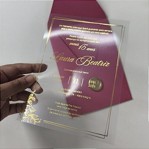 Convite de 15 Anos Debutante Vertical Rosa Pink Acetato Dourado Lacre de Cera