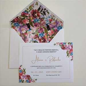 Convite Casamento c/ Envelope Branco Perolado Forrado Fucsia