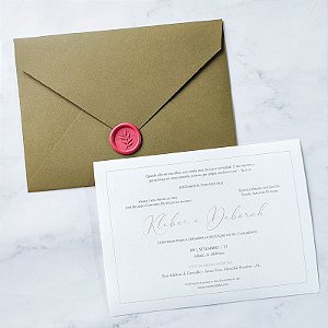 Convite Casamento Forrado Oliva com Lacre de Cera Fucsia