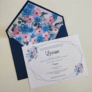 Convite 15 anos / Debutante C/ Envelope Azul Escuro com rosa