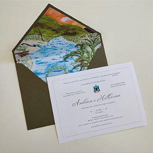 Convite Casamento Envelope Verde Oliva Forrado Aquarela