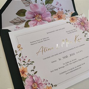Convite Casamento Envelope Verde Escuro Metalizado Dourado Floral