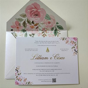 Convite Casamento c/ Envelope Forrado Floral Rosa Rosê c/ Metalizado