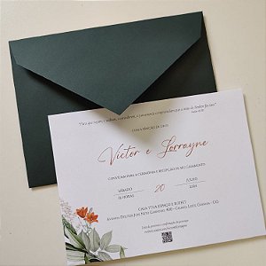 Convite Casamento Envelope Verde Escuro Laranja