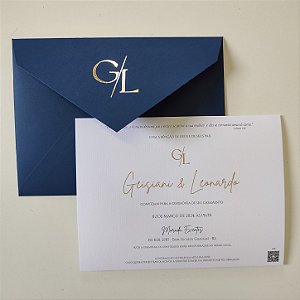 Convite Casamento Envelope Azul Escuro Iniciais Metalizadas