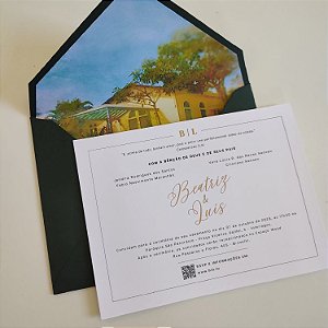 Convite Casamento c/ Envelope Forrado Verde Escuro c/ Metalizado Dourado