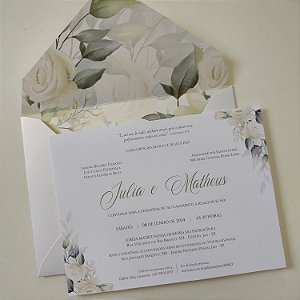 Convite Casamento envelope Forrado floral Branco com Folhagem