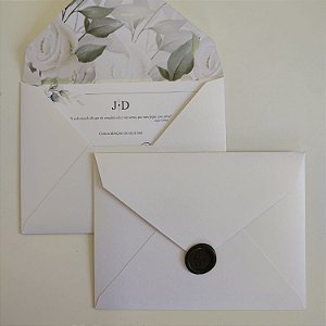 Convite Casamento envelope Forrado floral Branco com Lacre de Cera