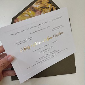 Convite Casamento Forrado Verde Oliva Borda Relevo Metalizado Dourado Lacre de Cera