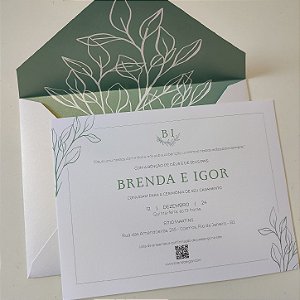 Convite Casamento c/ Envelope Forrado Verde Oliva