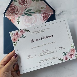 Convite Casamento Azul Escuro com Rosê forrado