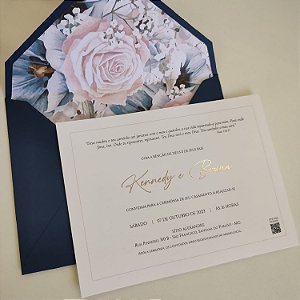 Convite Casamento c/ Envelope Forrado com Metalizado Dourado