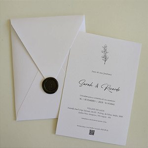 Convite Casamento Branco Fosco Vertical Minimalista com lacre de cera