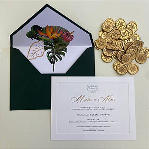 Convite Casamento Envelope c/ Metalizado Borda Relevo e lacre de cera