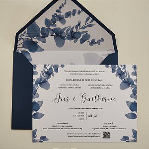 Convite Casamento Envelope Azul Escuro Forrado Folhagem