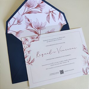 Convite Casamento C/ Envelope Azul Escuro forrado Folhagem Rosê