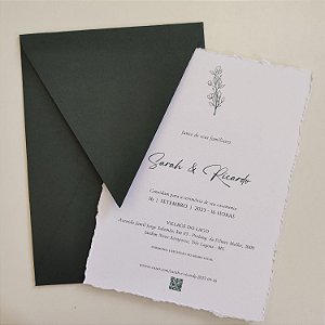 Convite Casamento Branco Vertical Borda Rasgada Verde