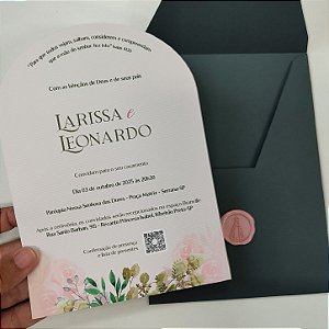 Convite Casamento Verde Escuro Vertical Arredondado Lacre de Cera