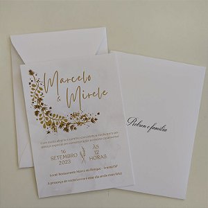 Convite Casamento Branco Vertical Dourado com Caligrafia
