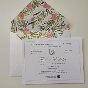 Convite Casamento c/ Envelope Forrado Branco Perolado Floral Aquarela