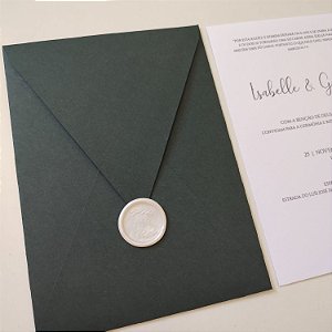 Convite Casamento Verde Escuro Vertical com lacre de cera Branco