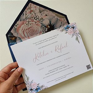 Convite Casamento C/ Envelope Azul Escuro forrado