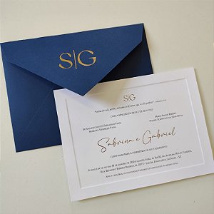 Convite Casamento Envelope Azul Escuro C/ metalizado e borda relevo