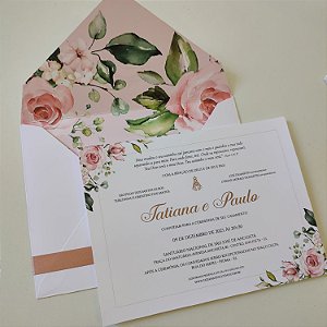 Convite Casamento Forrado com Fita de Cetim Rosê Gold e Metalizado