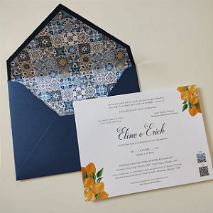 Convite Casamento Forrado Azul Escuro Limão Siciliano