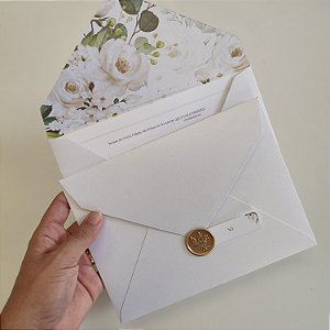 Convite Casamento envelope Forrado floral Branco com Lacre de cera