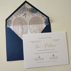 Convite Casamento Azul Escuro forrado Medalha Milagrosa