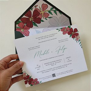 Convite Casamento c/ Envelope Forrado Verde Escuro com Marsala