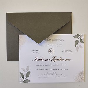 Convite Casamento c/ Envelope Verde Oliva Metalizado Dourado