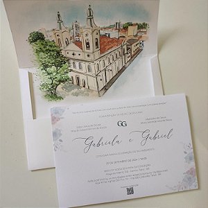 Convite Casamento Envelope Janela Aba reta Branco Fosco Aquarela