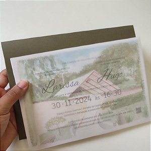 Convite Casamento Janela Aba Reta Borda Relevo Capa Vegetal